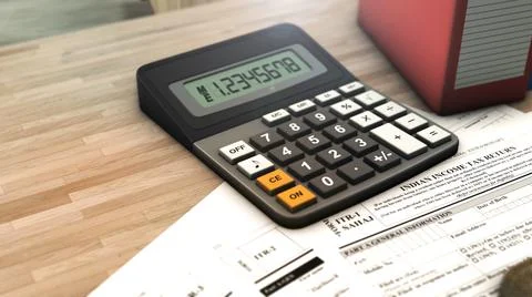 Documents of tax on the background of financial documents and calculator Ilustración de archivo