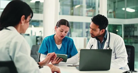 Documents, tech and doctor in meeting with discussion, cooperation and Stock Footage 326485126