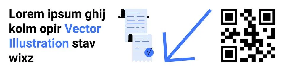 Documents with text, QR code, and blue verification checkmark. Ideal for digi Stock Illustration