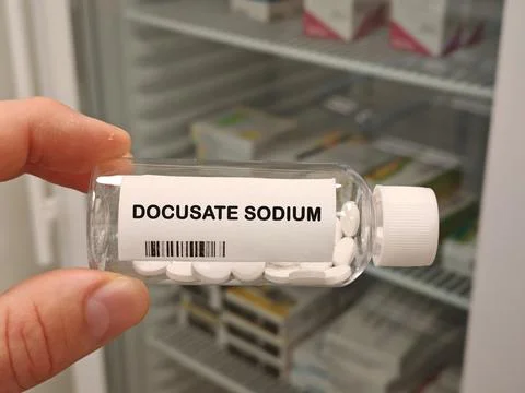 DOCUSATE SODIUM stool softener laxative for constipation bottle with tablets in Stock Photos