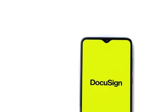 DocuSign app launch screen with logo on the display of a black mobile smartph Stock Photos