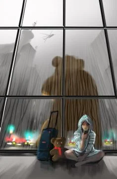 Dodge the rain while traveling Digital Painting Stock Illustration