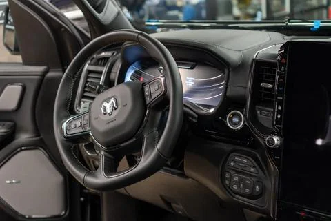 Dodge Ram TRX, car Interior - steering wheel, shift lever, dashboard. Stock Photos