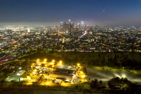 Dodger Stadium and Downtown Los Angeles at Night, 4K Stock Footage 201351668