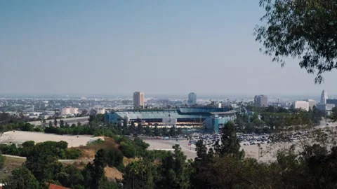 Dodger Stadium in Los Angeles, wide daytime exterior shot, sunny clear sky Stock Footage 341089095