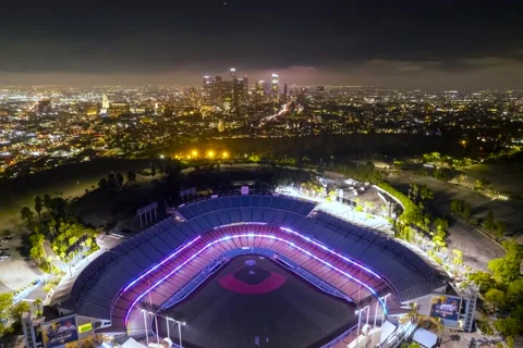 Dodger Stadium Night Lights Toward Downtown LA, 4K Stock Footage 201351669