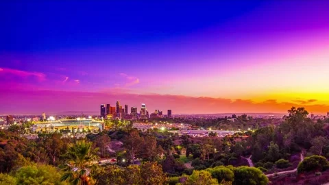 Dodgers stadium dtla wide fix timelapse 4k x3 15s sky Video stock 320509774