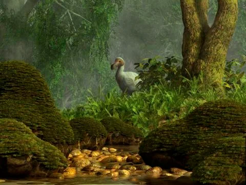 A Dodo bird hides in a dense jungle near a stream. Stock Illustration