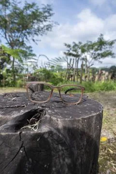 Doff brown square eyeglass frame on old wood. square eyeglass frame in the ph Stock Photos