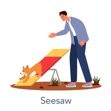 Dog agility seesaw. Training exercise for pet. Man training his pet dog. Ilustración de archivo