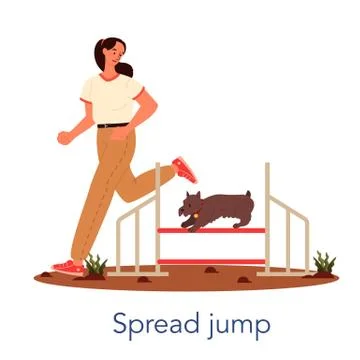 Dog agility spread jump. Training exercise for pet. Woman training Ilustración de archivo