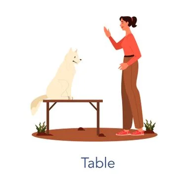 Dog agility table. Training exercise for pet. Woman training her pet Ilustración de archivo