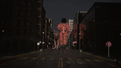 The dog and the astronaut walking through empty streets Stock Footage 287340856
