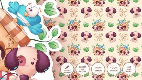 Dog and bird seamless pattern Stock Illustration
