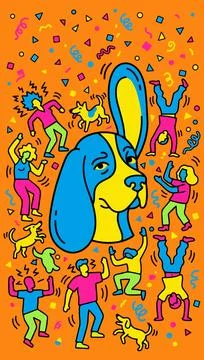 Dog and Dancing Figures Stock Illustration