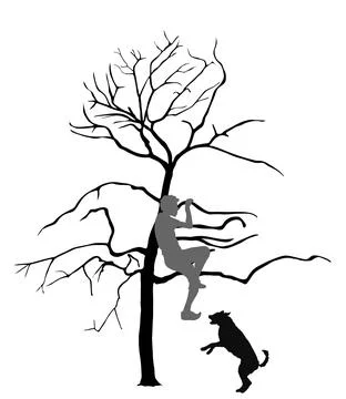 Dog attack boy climbed up on tree vector silhouette illustration Stock Illustration