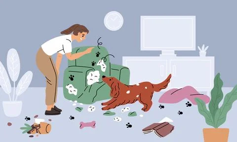 Dog behavior problem. Owner is raising pet, naughty puppy, room destroy Stock Illustration