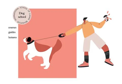 Dog behavior, training school concept. Funny person with pet Stock Illustration