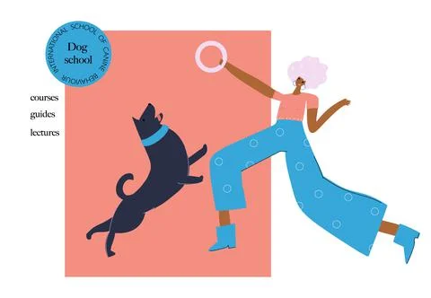 Dog behavior, training school concept. Funny person with pet Stock Illustration