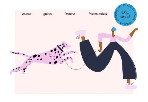 Dog behavior, training school concept. Funny person with pet Stock Illustration