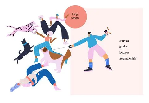 Dog behavior, training school concept. Funny people with their pets Stock Illustration