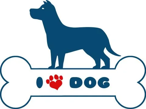 Dog Blue Silhouette Over Bone With Text And Red Love Paw Print Ilustração Stock
