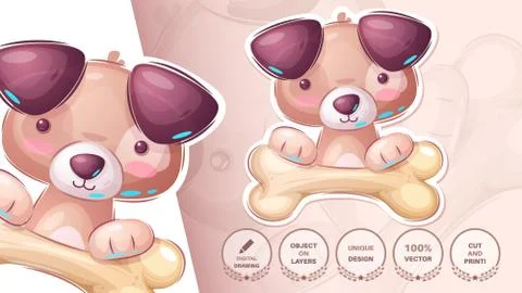 Dog with bone - cute sticker Stock Illustration