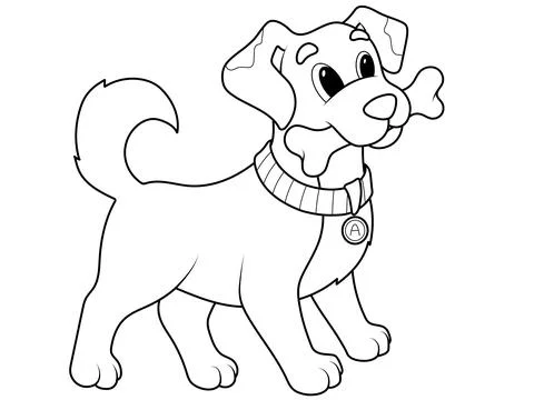 Dog with a bone in its mouth. Vector isolated, children coloring book. Stock Illustration
