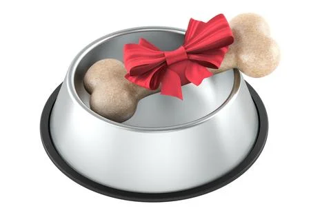 Dog bone with red bow inside bowl, 3D rendering Stock Illustration