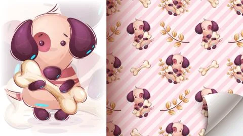 Dog with bone - seamless pattern Stock Illustration