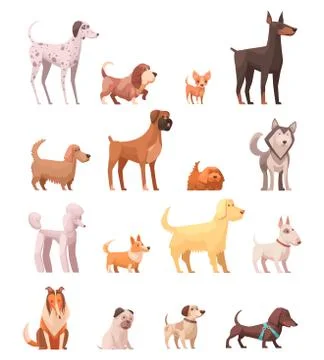 Dog Breeds Retro Cartoon Icons Collection Stock Illustration