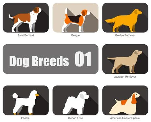 Dog breeds, standing on the ground, side view, vector illustration, dog carto Stock Illustration