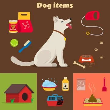 Dog care object set, items and stuff, vector cartoon illustration, food stuff Stock Illustration