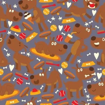 Dog cartoon character in seamless pattern, vector illustration. Playful puppies Stock Illustration