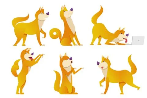 The dog cartoon characters set vector illustration. Yellow dogs in different Stock Illustration
