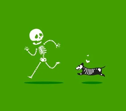 A dog chasing a skeleton. Isolated Vector Illustration Stock Illustration