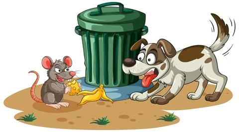 Dog Confronts Mouse Eating Cheese Near Trash Can Stock Illustration