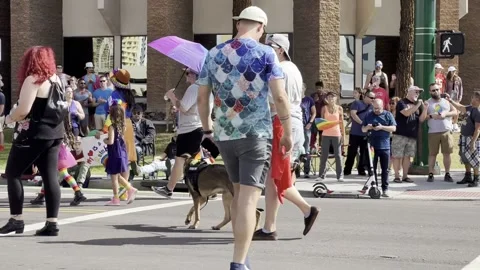 Dog with Crow of People Marching at Pride Parade Arizona LGTBQ Stock Footage 223992893