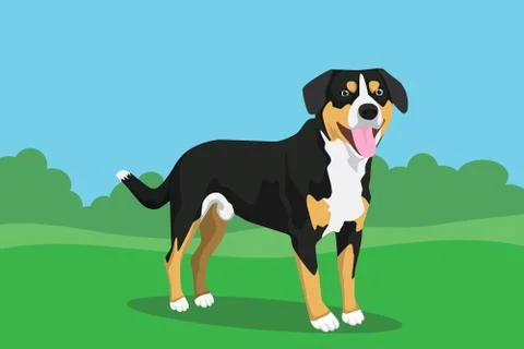 Dog cute single isolated with grass and bush tree background vector graphic Stock Illustration