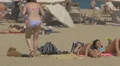 Dog digging in the sand on the beach in Barcelona 4k or 4k+ Resolution