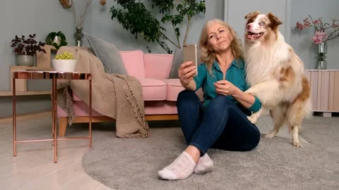 Dog doing trick for posing on photo. Female taking selfie with dog Stock Footage 161837624