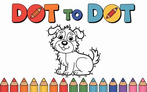 Dog dot to dot activity with colorful pencils connect the dots Stock Illustration