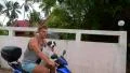 Dog Driver. Dog Sits on Moped. Man Rides Scooter. HD Footage