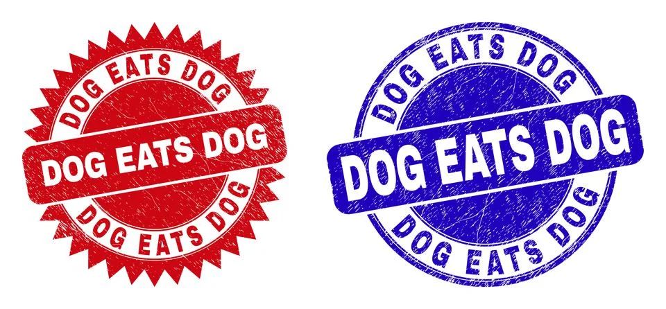 DOG EATS DOG Rounded and Rosette Seals with Grunged Surface Stock Illustration