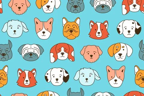Dog faces cartoon seamless pattern smiling funny childish doggy pet comic Stock Illustration