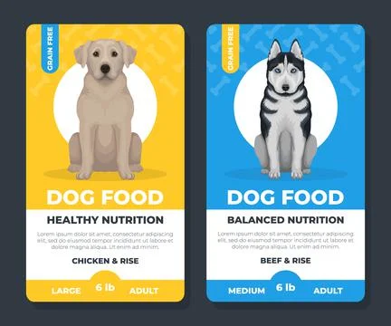 Dog food label templates set. Advertising or packaging design layout vector Stock Illustration