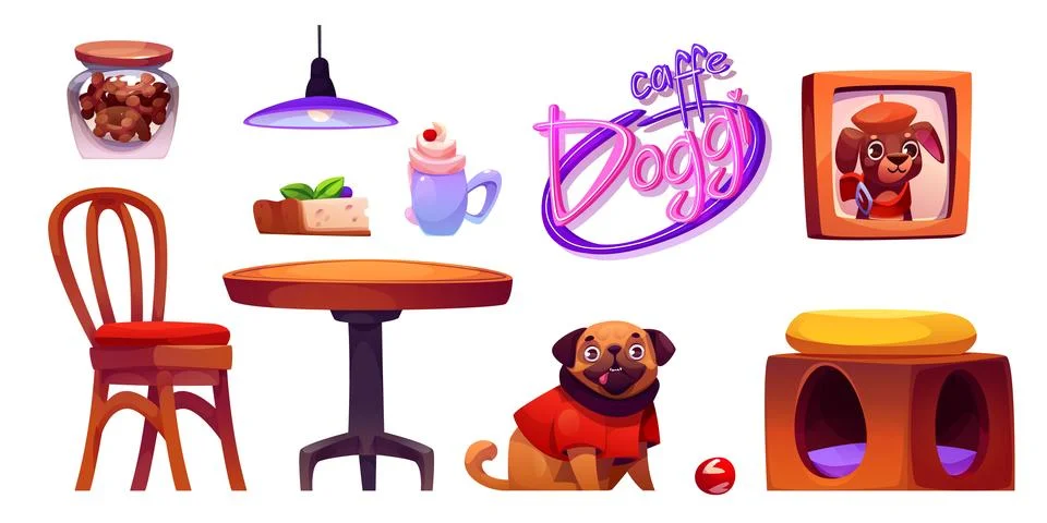 Dog friendly cafe interior elements. Ilustración de archivo