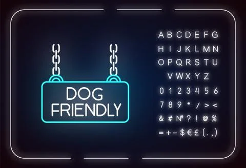 Dog friendly territory neon light icon. Doggy allowed area chain hanging plat Ilustración de archivo