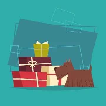 Dog With Gifts Stack Box New Year And Christmas 2018 Zodiac Symbol Banner イラスト素材