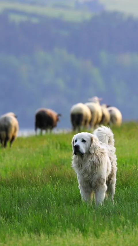 A dog is herding a flock of sheep in the mountains. Stock Footage 308470681